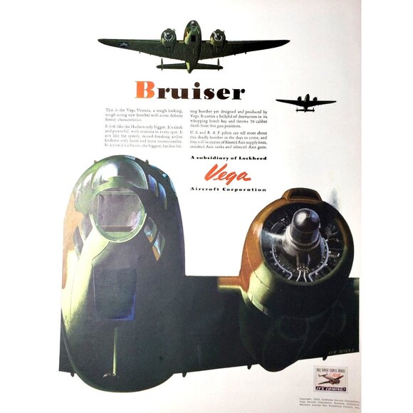 PRINT AD 1943 Vega Aircraft Corp Lockheed Ventura Bruiser Bomber Plane WWII - Picture 1 of 3